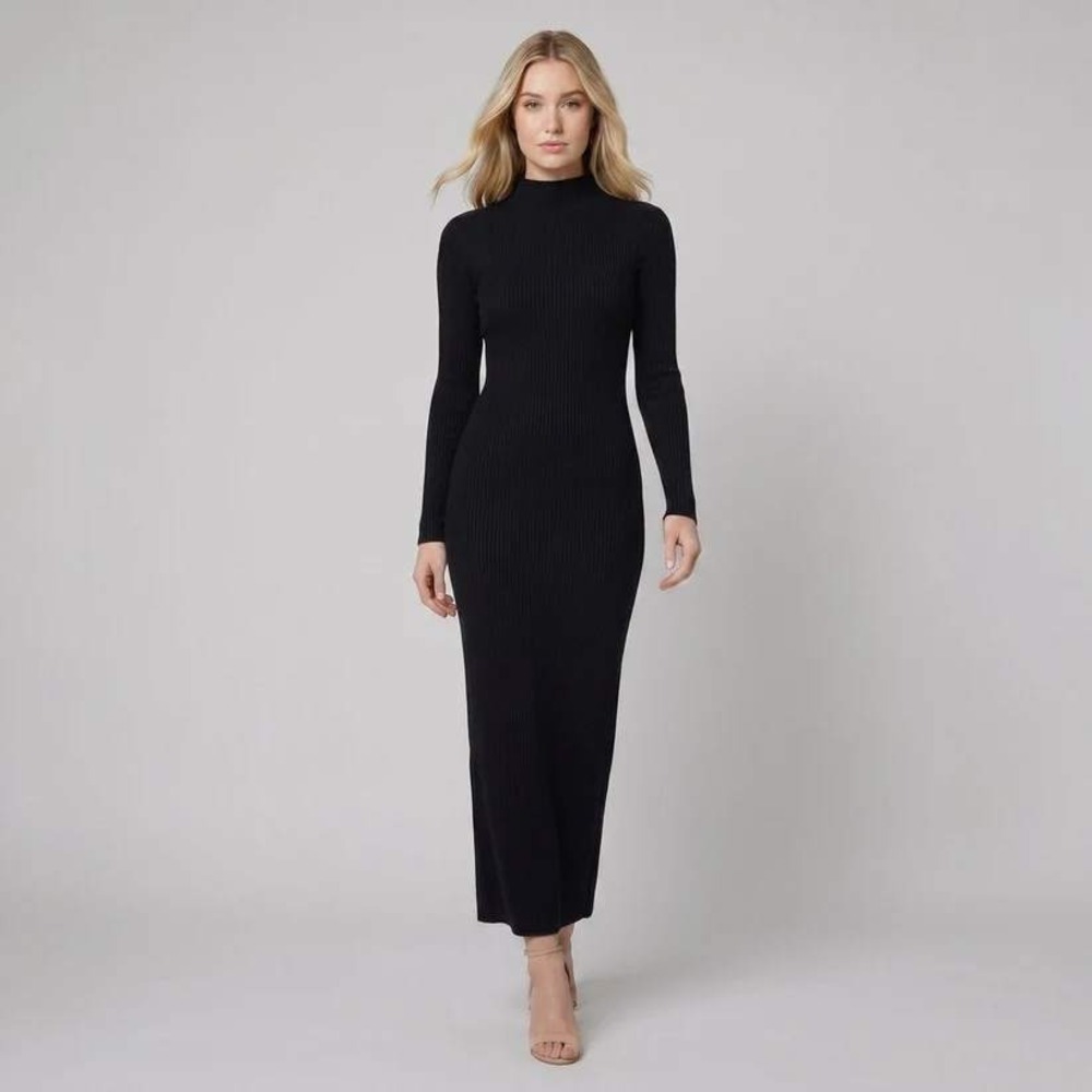 Banana Republic Womens Large Black Ribbed Mock Neck Midi Column Dress Slit Hem